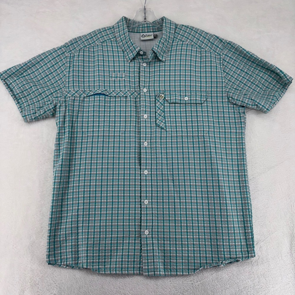 Tasc Performance Mens XL Teal Plaid Bamboo Viscose Vented Fishing Shirt SS